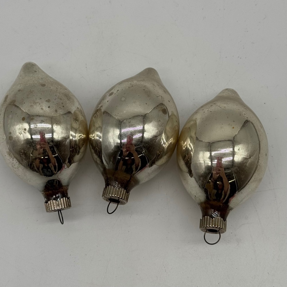 Vintage Shiny Brite Silver Teardrop Christmas Ornaments Glass Lot 3 USA Mercury